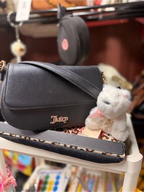 Juicy Couture Black Shoulder Bag with Plush Bear Charm